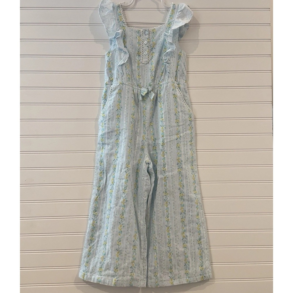 Tommy Bahama Girls 5 Floral Wide Leg Jumpsuit Blue Ruffle Eyelet Cotton